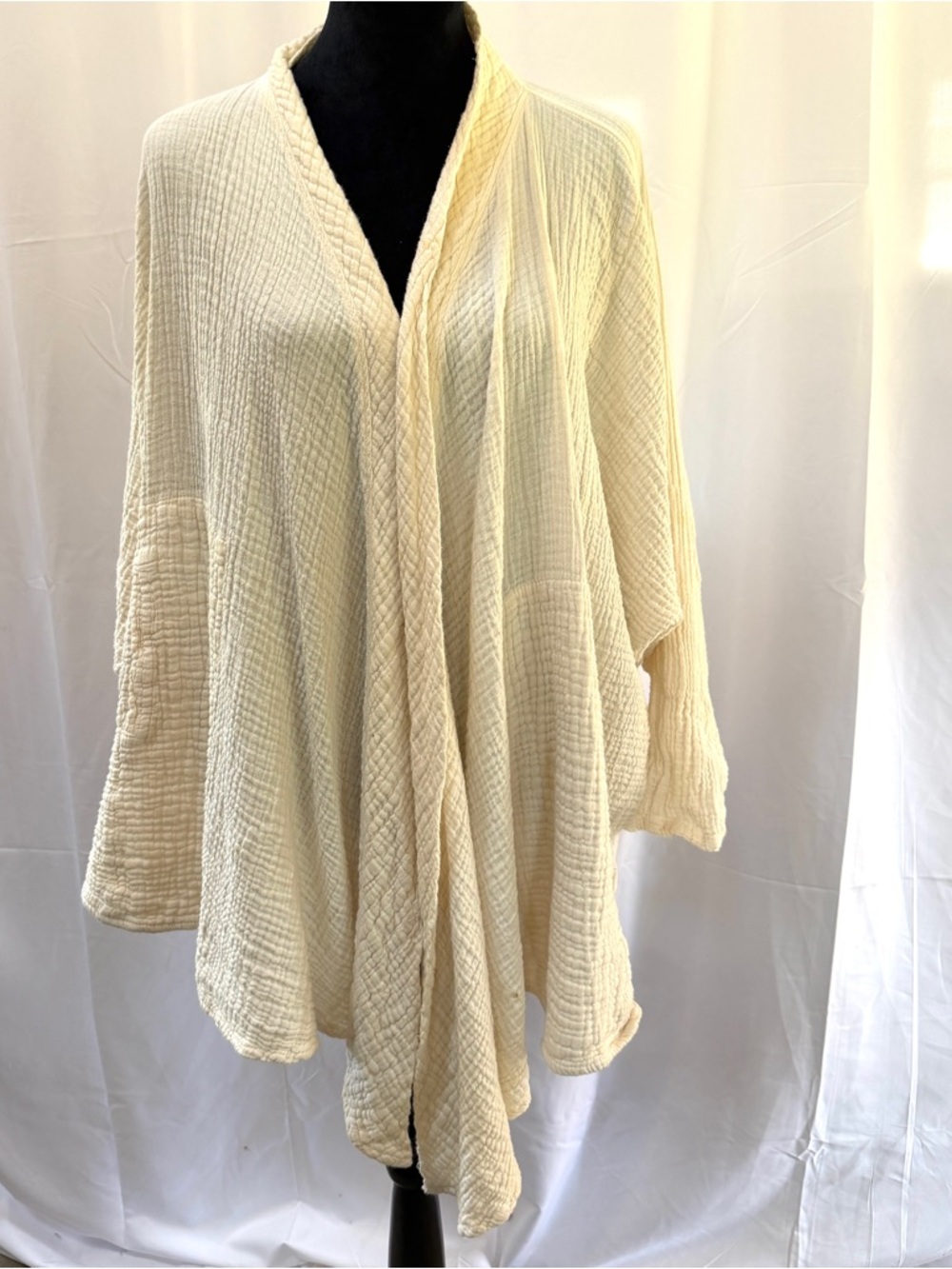 Cream Cotton Gauze Open-Front Kimono Cardigan, Size M-XL